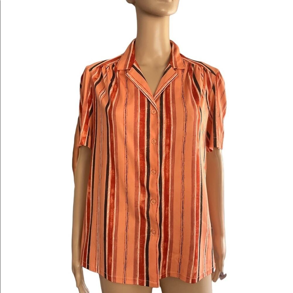 Vintage Graff Shirt Women 8/10 Casual Retro Pleated Stripes Short Sleeves Orange